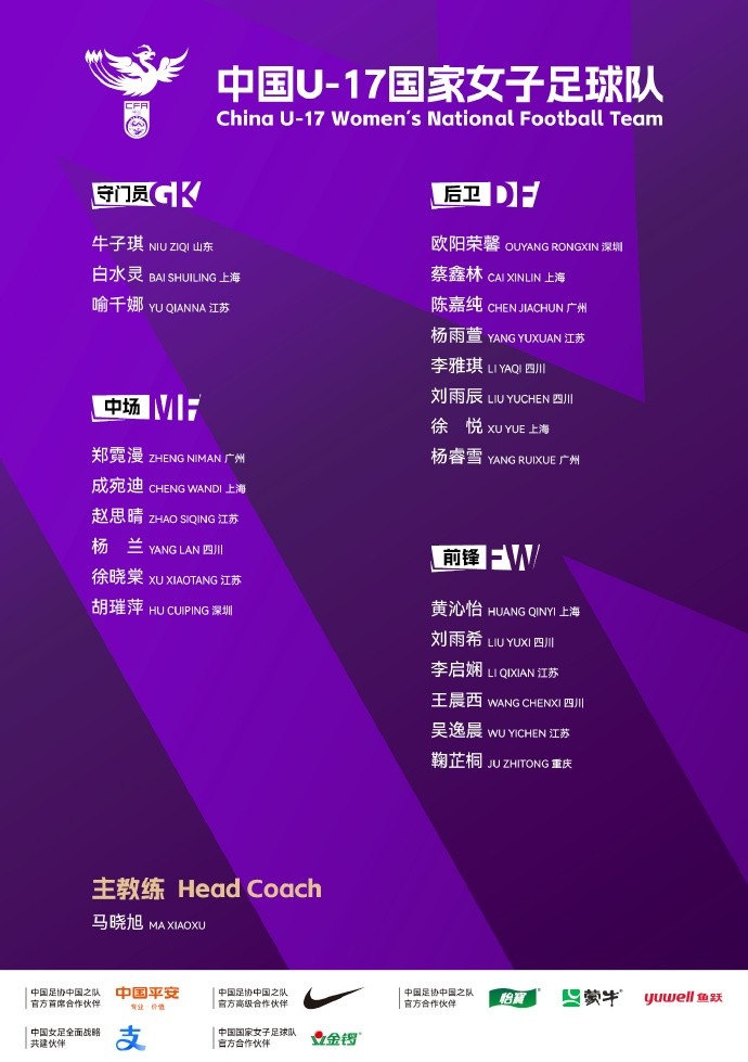 开云在线-U17女足亚洲杯,中国U-17国家女子足球队23人参赛名单公布